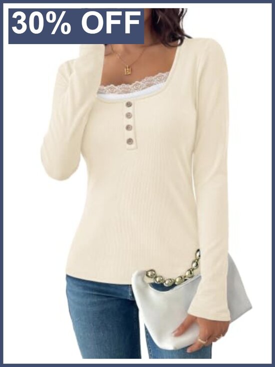 Tops - Ribbed Long Sleeve Lace Trim Scoop Neck Top
